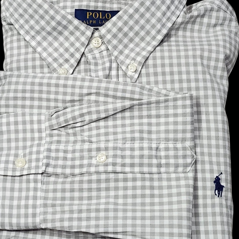 Polo Ralph‎ Lauren Men's Classic Fit Long Sleeve Gingham Check Gray & White XL